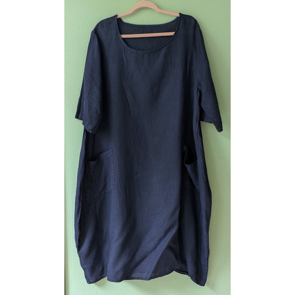 Made in Italy Navy Blue 100% Linen Lagenlook Pocket Midi Dress Oversized
